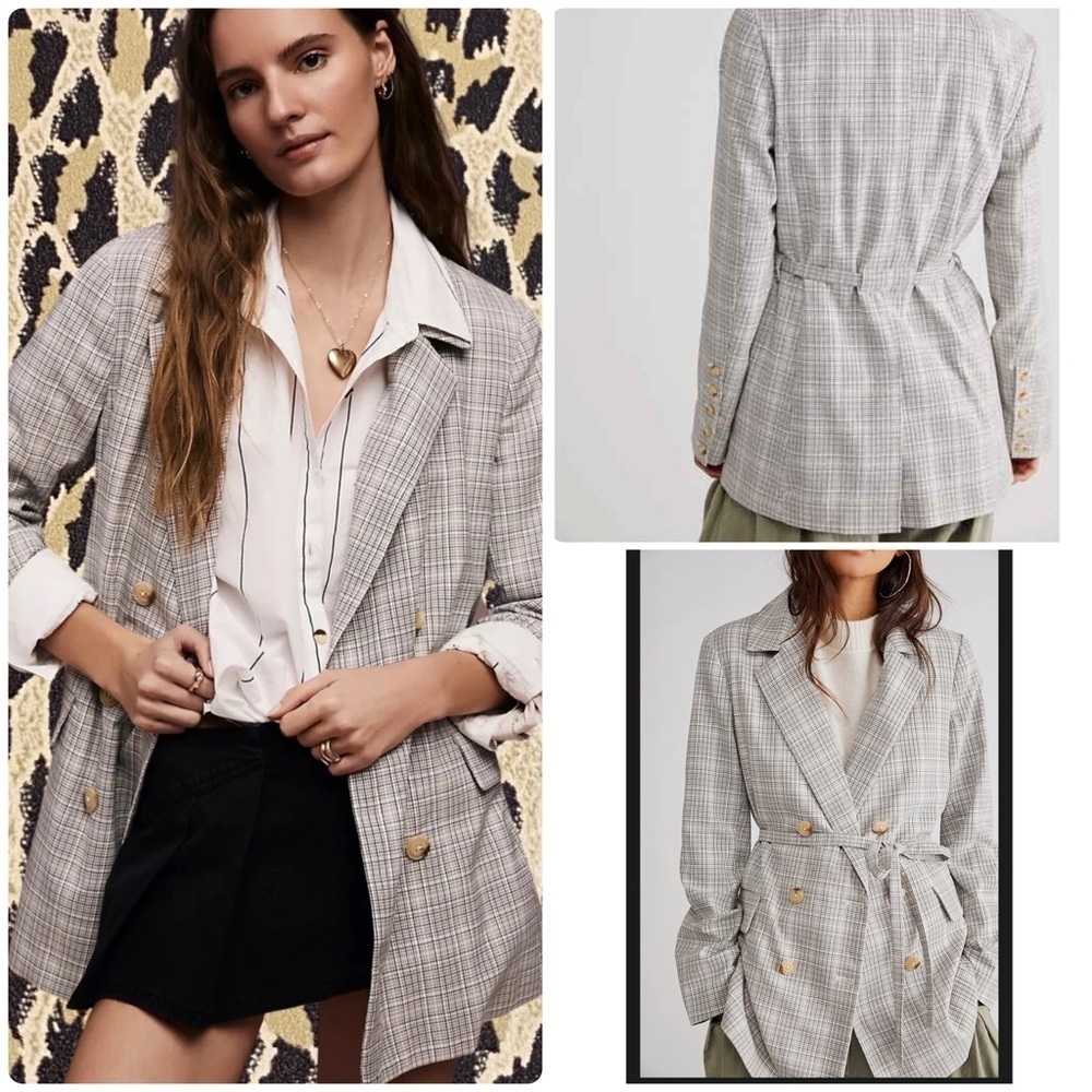 Free People Olivia Gray Plaid Slouchy Blazer Sz S Relaxed Fit Adjustable Waist